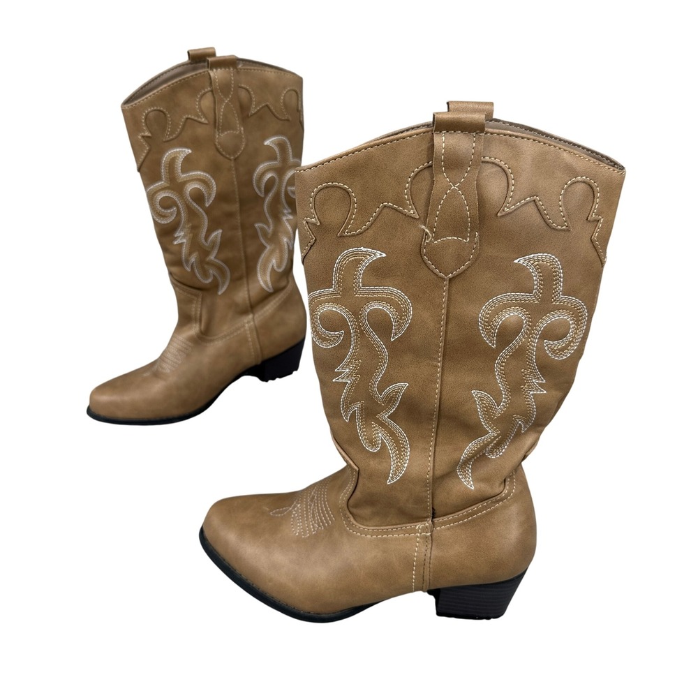 Canyon Trails Western Cowboy Boots Women 7M Tan Faux Leather Embroidered Pull-On